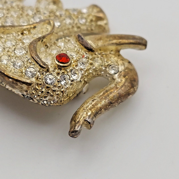Vintage Rhinestone Elephant Brooch AD 2001 Red Eye Gold Tone Trunk Up Tusk Pin - Picture 5 of 11